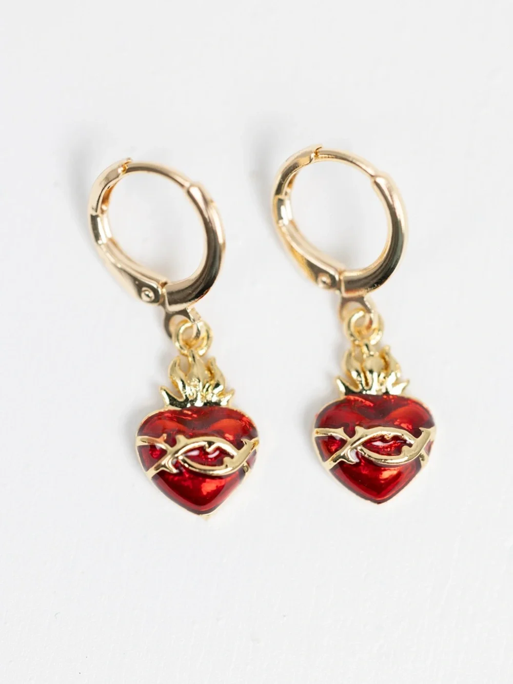 Sacred Heart Drop Earrings - Gold Huggie Hoops, Made In Mexico